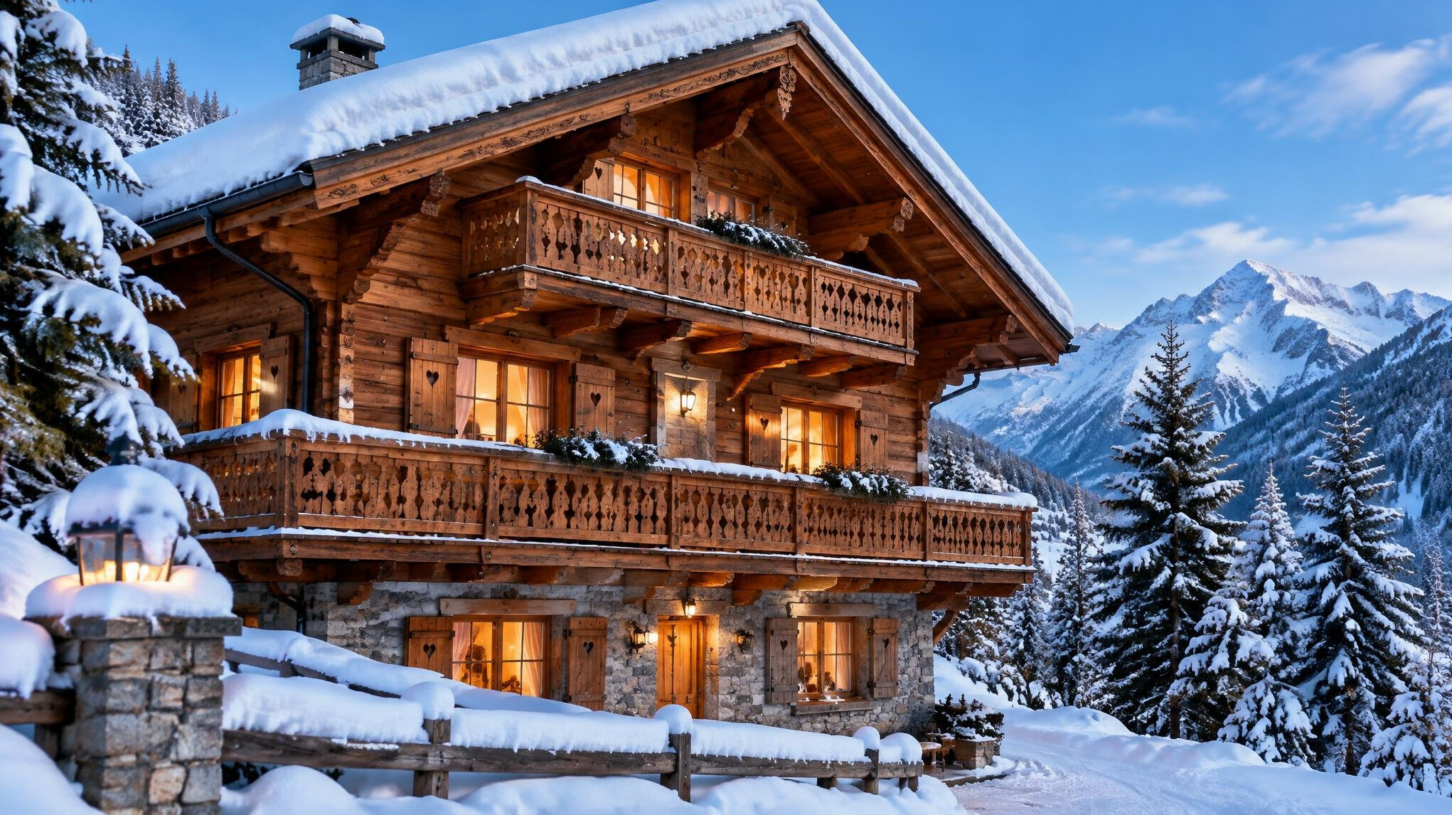 Chalet alpin en bois couvert de neige avec balcon sculpté