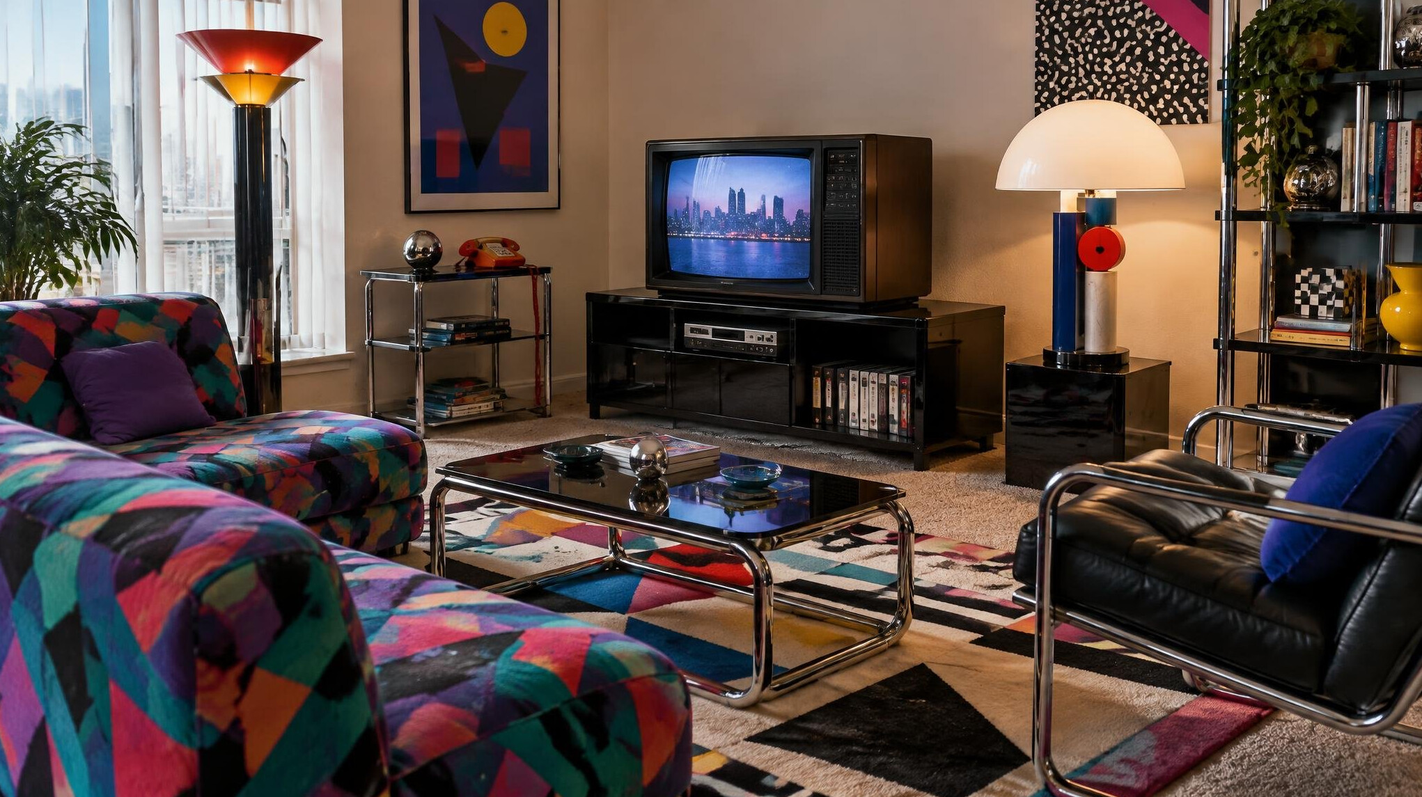 Salle de séjour rétro avec mobilier vintage des années 80 et 90