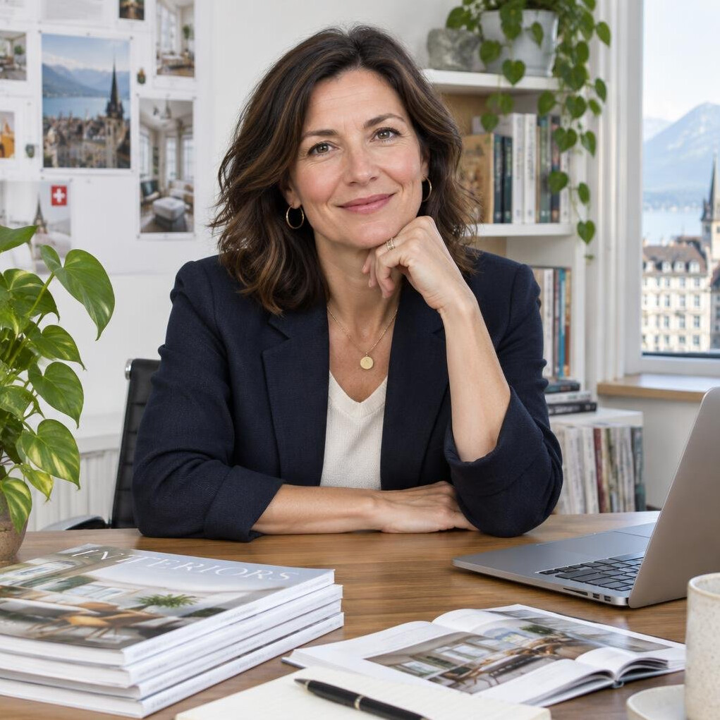 Portrait d'une rédactrice en chef suisse d'âge moyen dans un bureau élégant