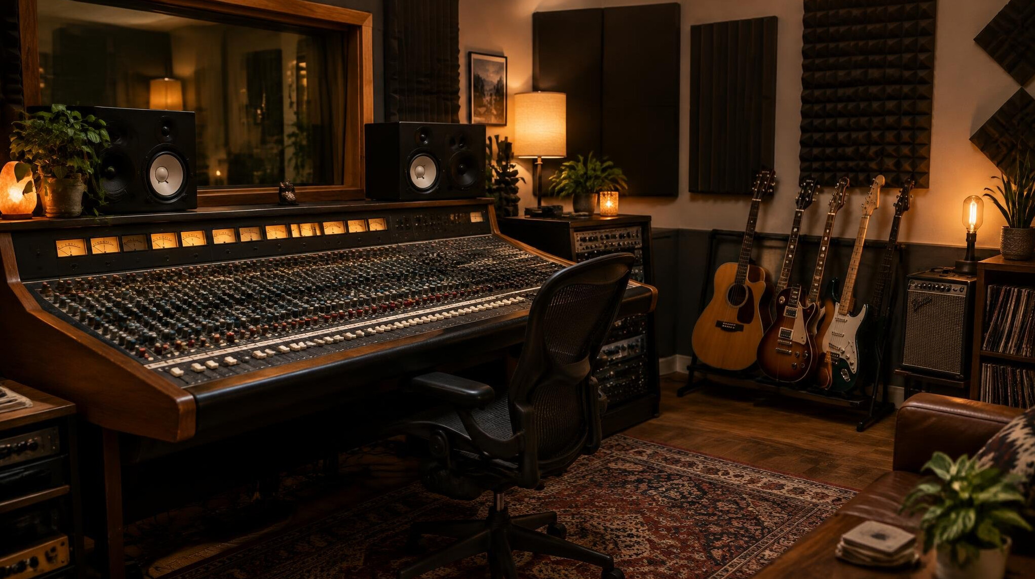 Studio d'enregistrement privé avec console de mixage et instruments