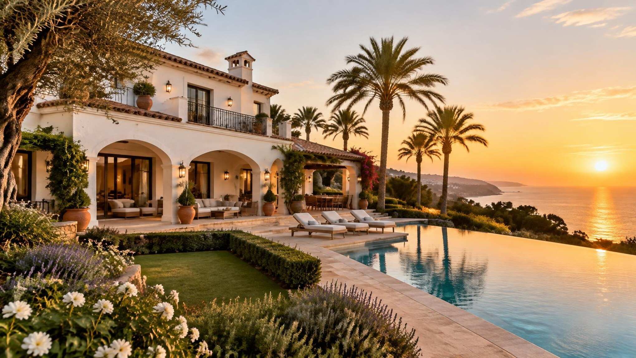 Grande villa méditerranéenne avec jardin et piscine au coucher du soleil